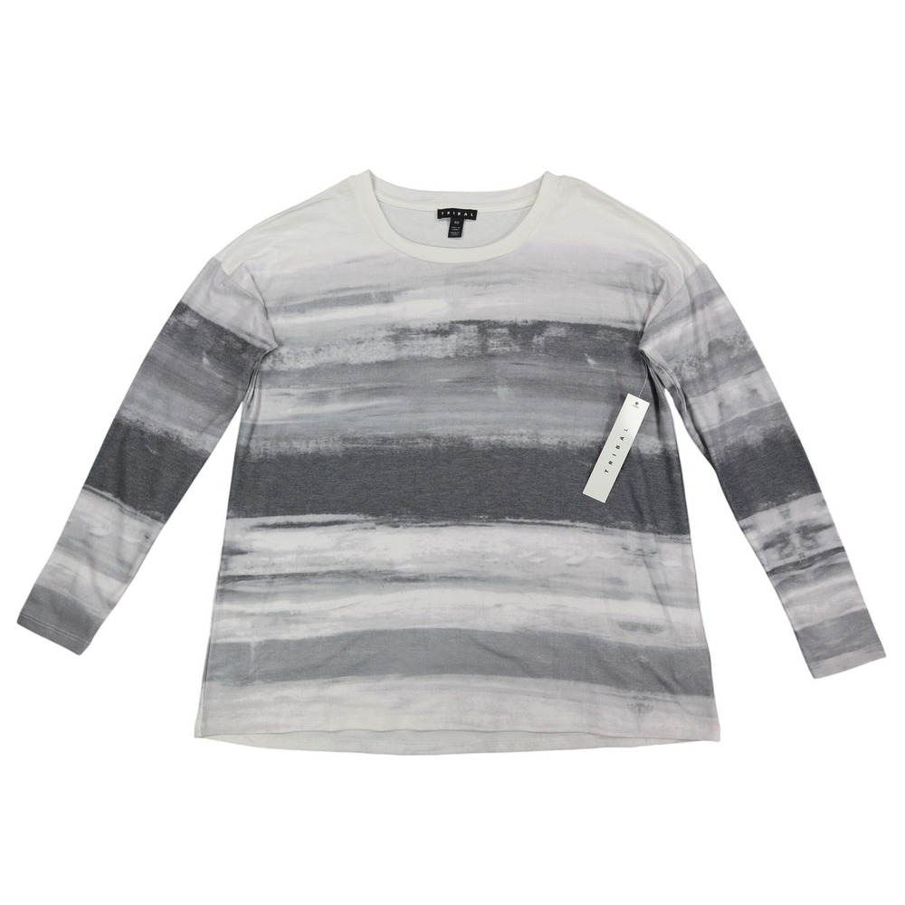 Tribal Long Sleeve Top Womens Small Cream Grey Abstract Stripe Knit 26850-2281